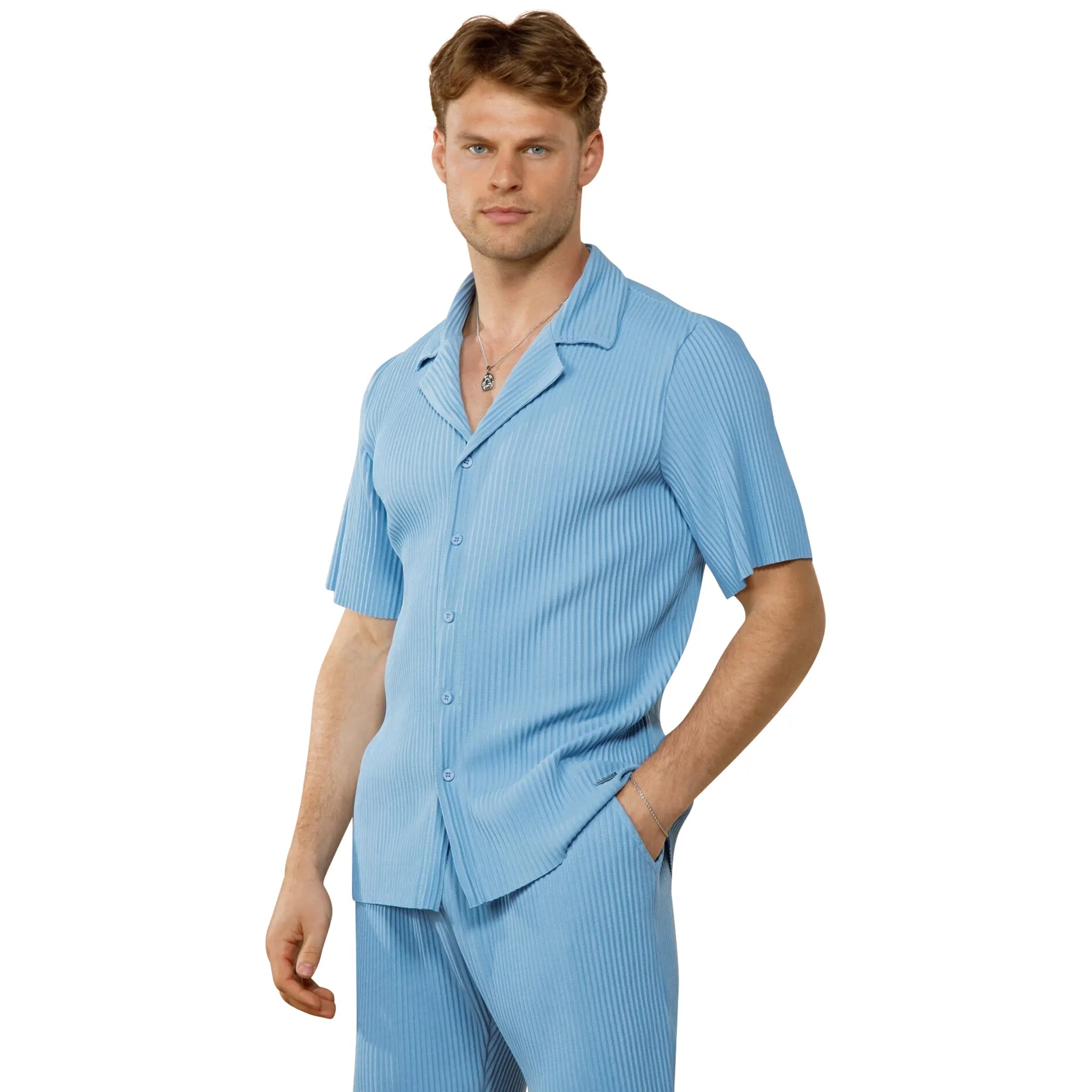 Model front view of Belier Pleated Light Blue Resort Shirt & Shorts BM-073 | BM-075